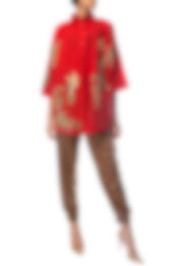 Red Oversized Embroidered Shirt Dress by Siddartha Tytler