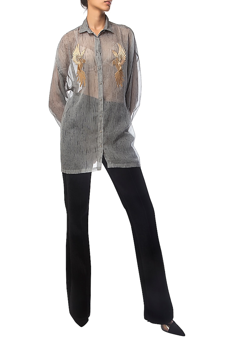 Grey Textured Oversized Shirt with Bird Motifs by Siddartha Tytler