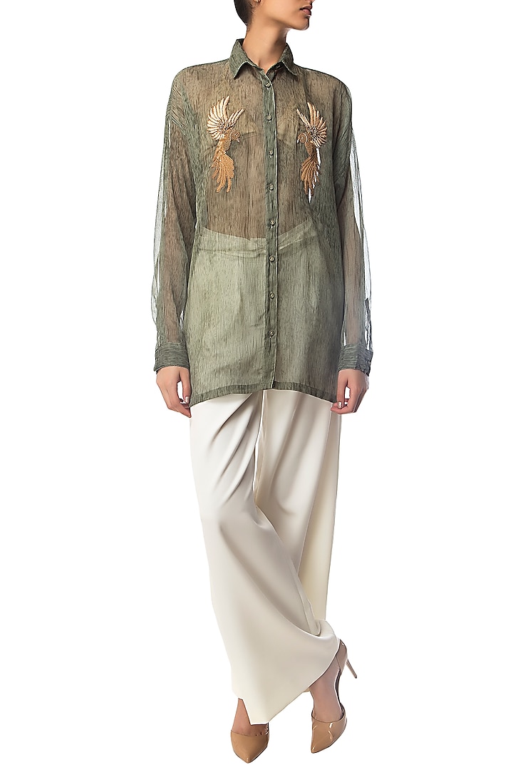 Olive Textured Oversized Shirt with Bird Motifs by Siddartha Tytler