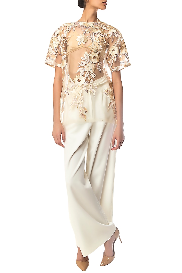 Biege Tulle Floral Embroidered Top by Siddartha Tytler