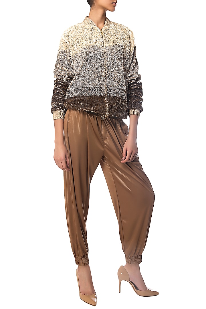 Beige Ombre Sequins Bomber Jacket by Siddartha Tytler