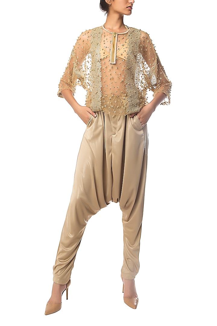 Golden Embroidered and Striped Jumpsuit by Siddartha Tytler