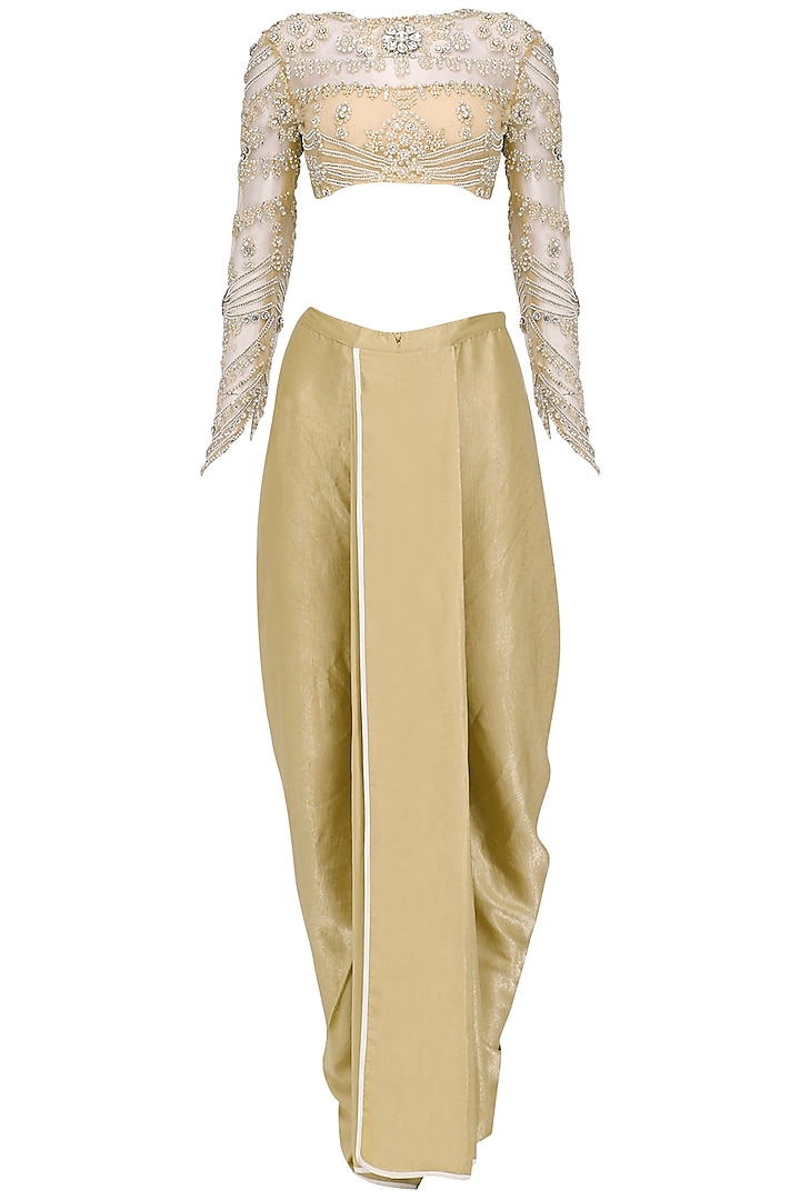 Nude Embroidered Blouse with Dhoti Pants Set by Siddartha Tytler