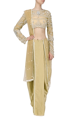 Nude Embroidered Blouse with Dhoti Pants Set by Siddartha Tytler