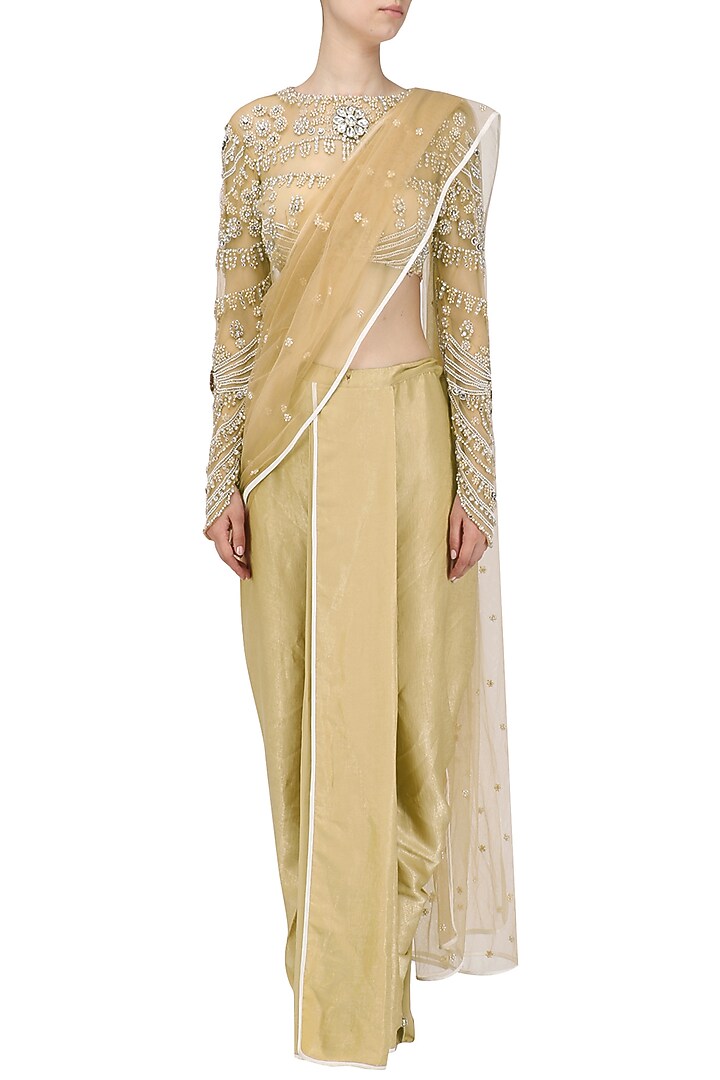 Nude embroidered blouse with dhoti pants set available only at Pernia's Pop Up Shop.