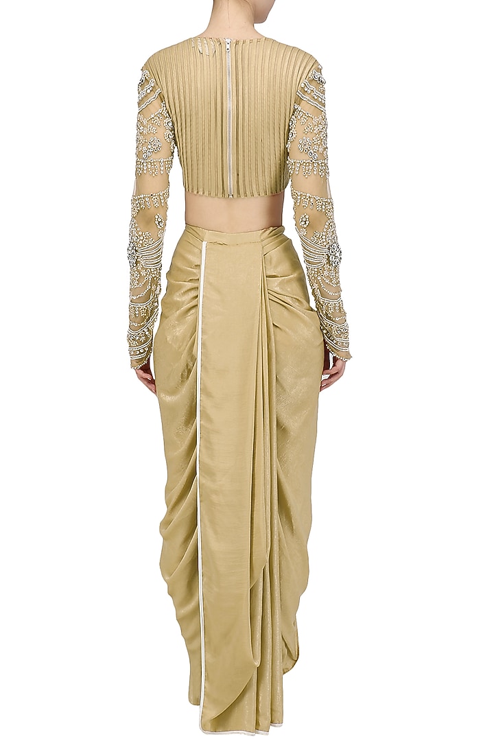 Nude embroidered blouse with dhoti pants set available only at Pernia's Pop Up Shop.