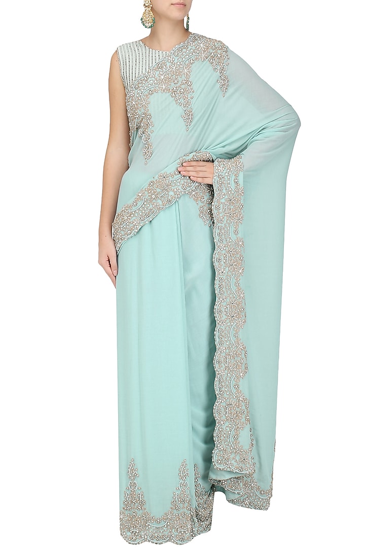Blue crystal embroidered saree with blouse available only at Pernia's Pop Up Shop.