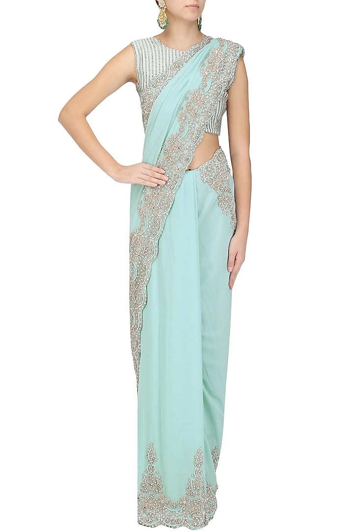Blue crystal embroidered saree with blouse available only at Pernia's Pop Up Shop.