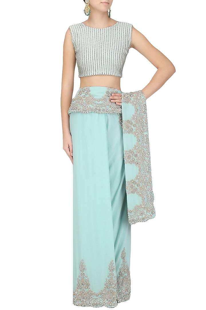 Blue crystal embroidered saree with blouse available only at Pernia's Pop Up Shop.