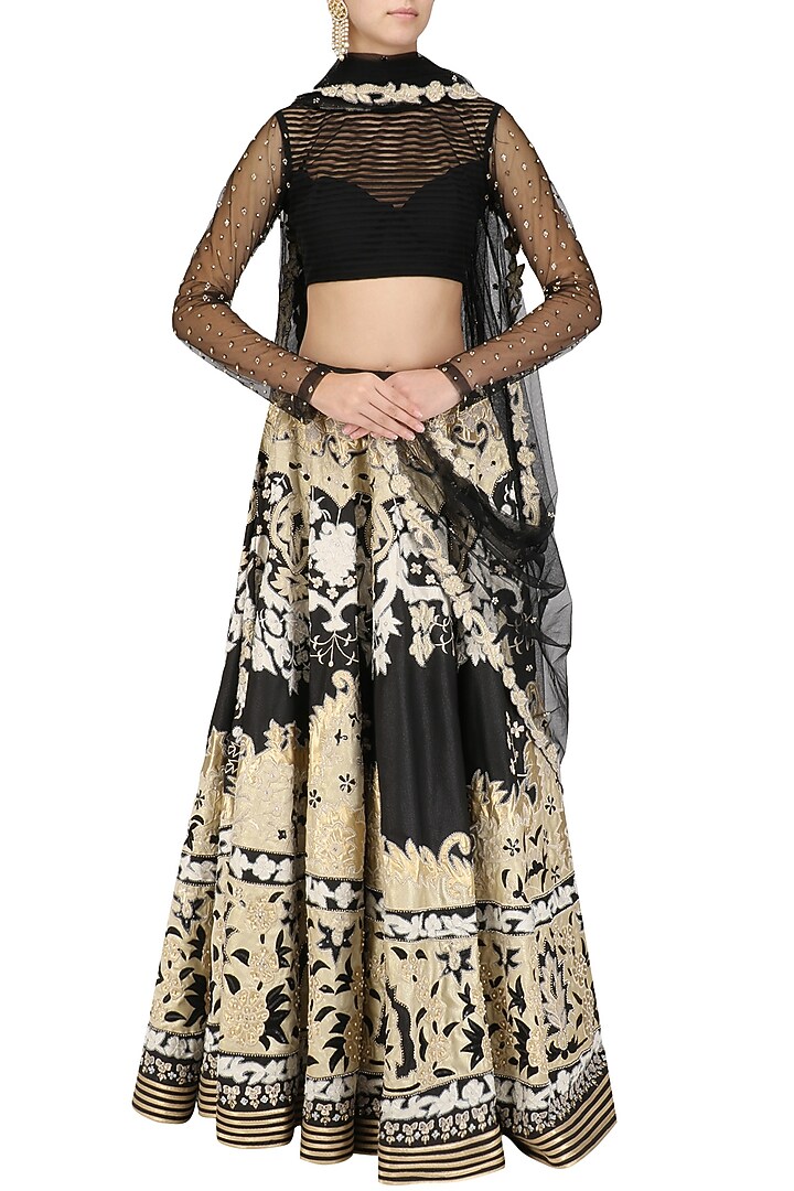 Black embroidered lehega set available only at Pernia's Pop Up Shop.