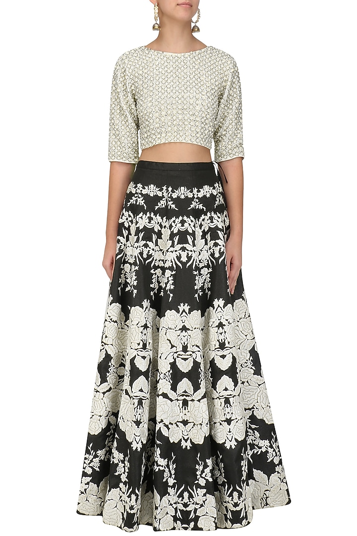 Black kalidaar lehenga and ivory blouse set available only at Pernia's Pop Up Shop.