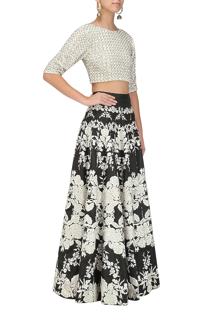 Black kalidaar lehenga and ivory blouse set available only at Pernia's Pop Up Shop.