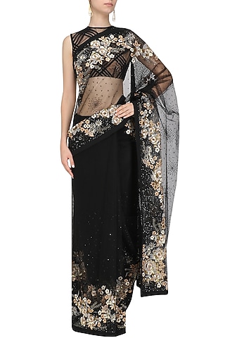 Black Embroidered Saree and Blouse by Siddartha Tytler