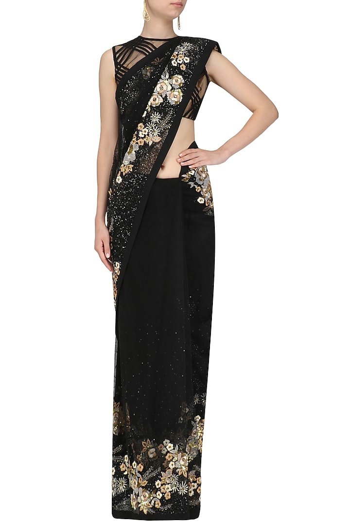 Black embroidered saree and blouse available only at Pernia's Pop Up Shop.