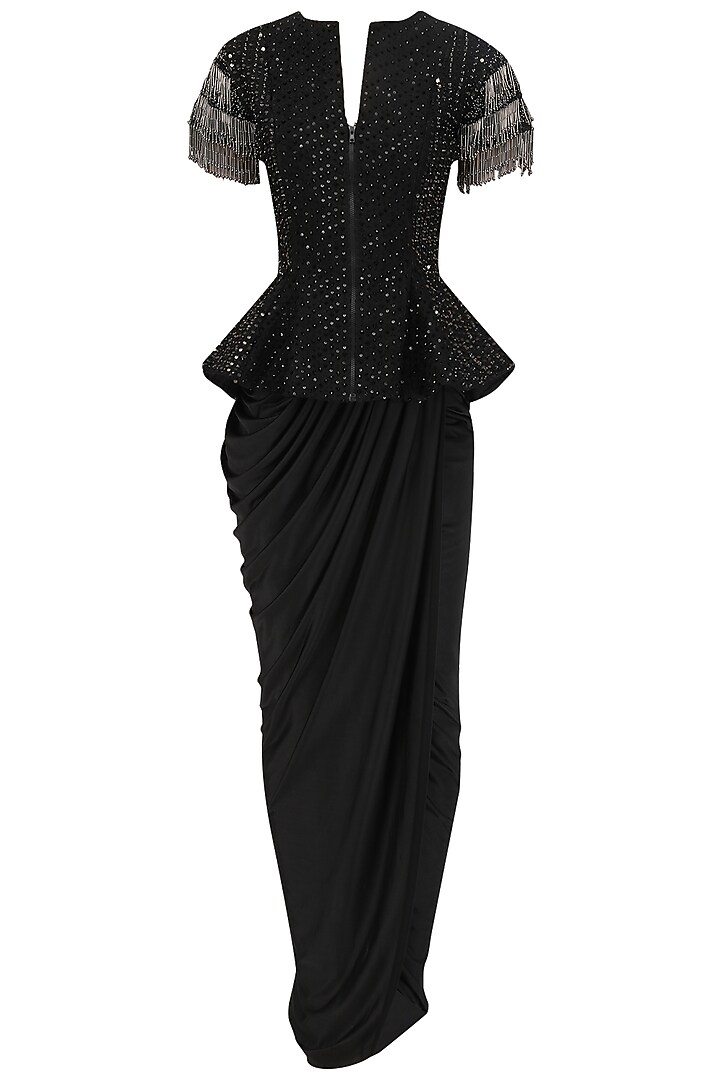 Black peplum structured jacket with drape skirt and stole available only at Pernia's Pop Up Shop.