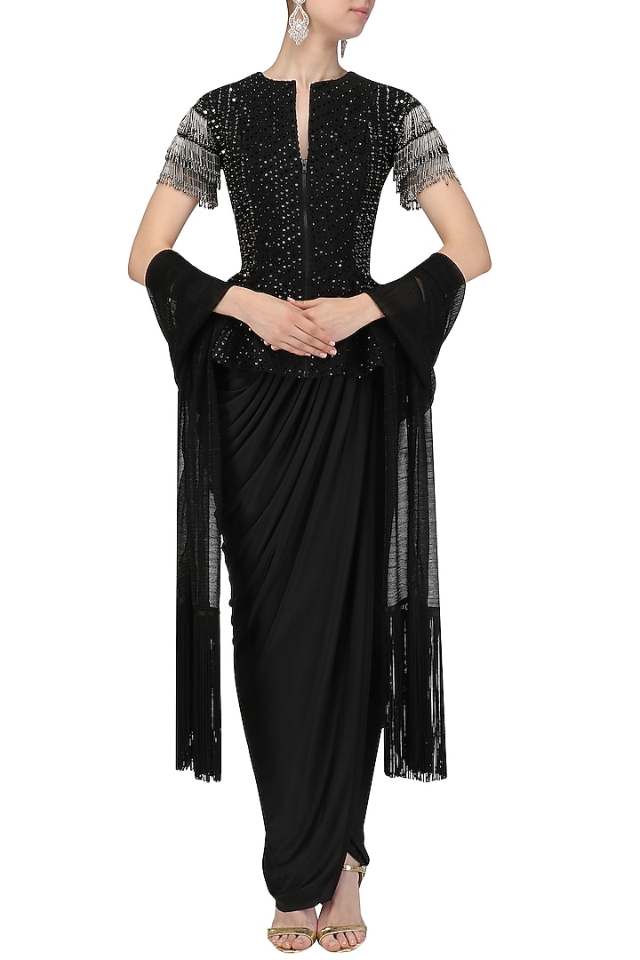 Black peplum structured jacket with drape skirt and stole available only at Pernia's Pop Up Shop.