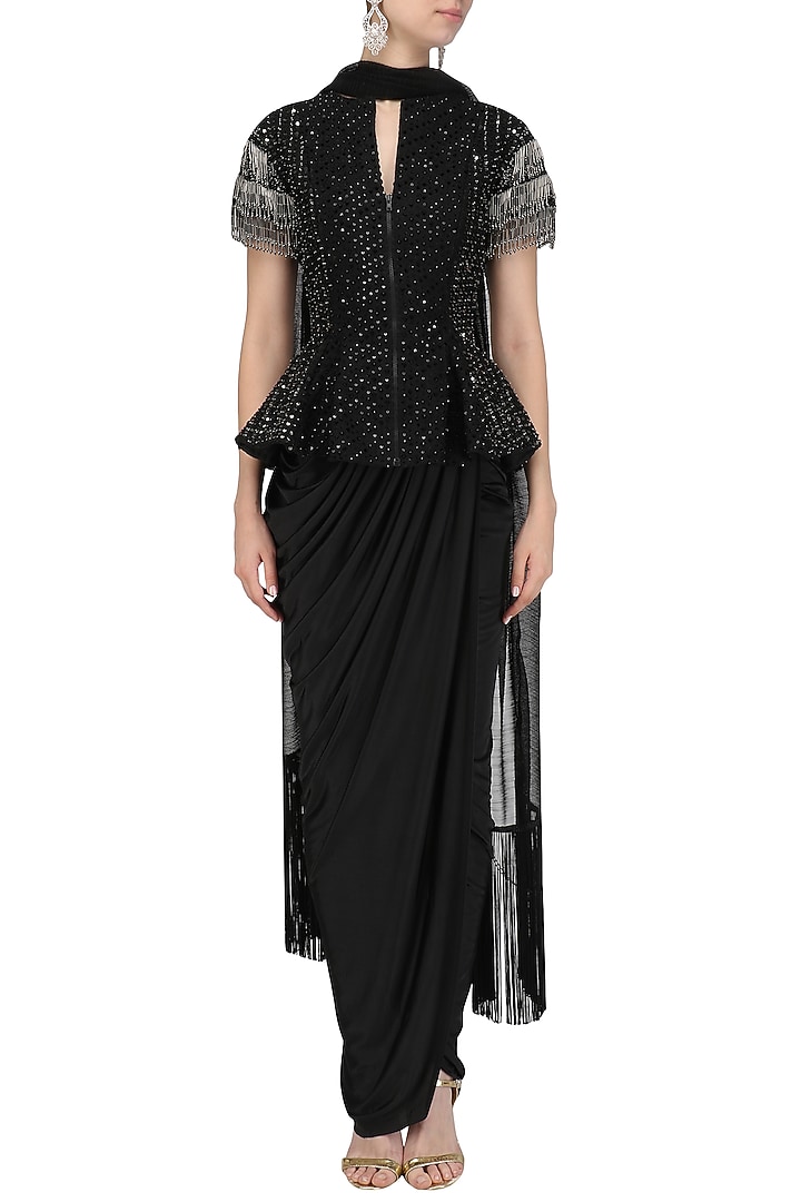 Black peplum structured jacket with drape skirt and stole available only at Pernia's Pop Up Shop.