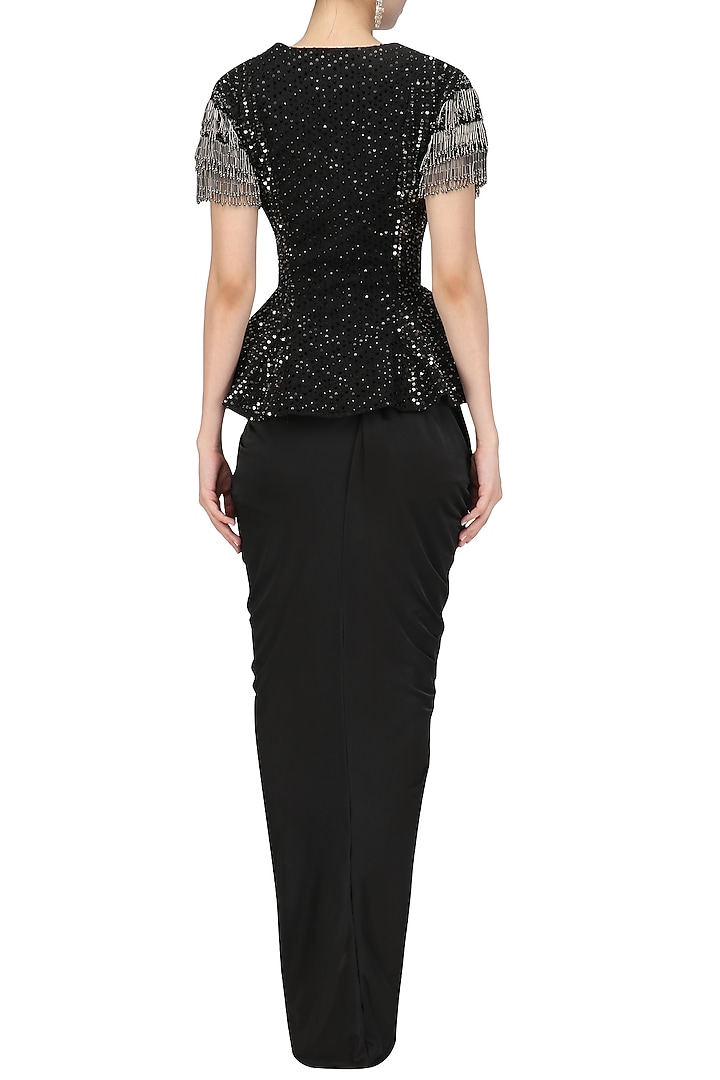 Black peplum structured jacket with drape skirt and stole available only at Pernia's Pop Up Shop.