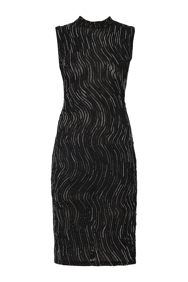 Black Embellished Knee Length Dress by Siddartha Tytler
