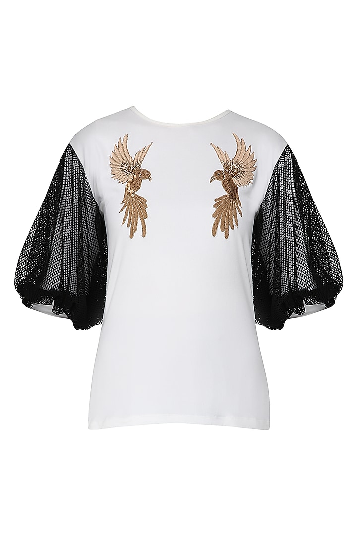 White and Black Bird Motifs Embellished Top by Siddartha Tytler