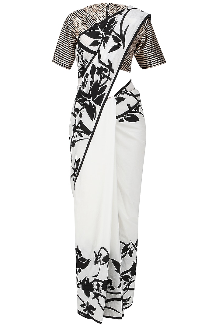 Black and White Applique Work Saree with Embroidered Blouse by Siddartha Tytler