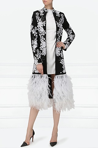 Black and White Embroidered Ostrich Feather Jacket by Siddartha Tytler