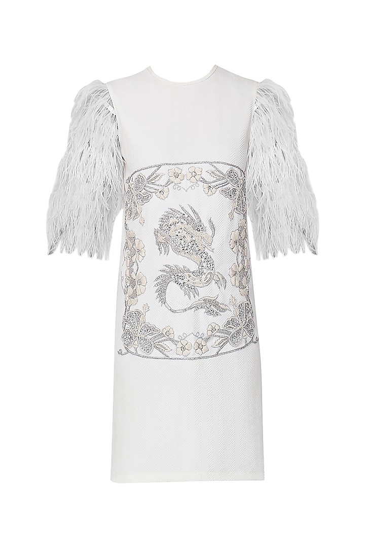 White Embellished Ostrich Feather Dress by Siddartha Tytler