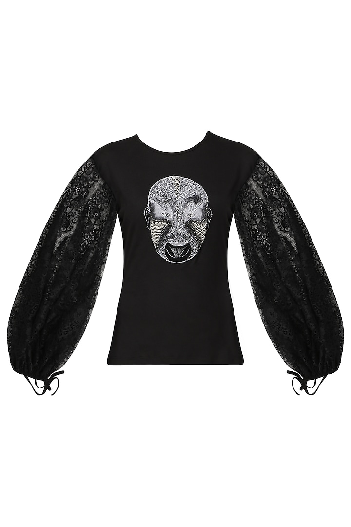 Black embroidered face patch top available only at Pernia's Pop Up Shop.