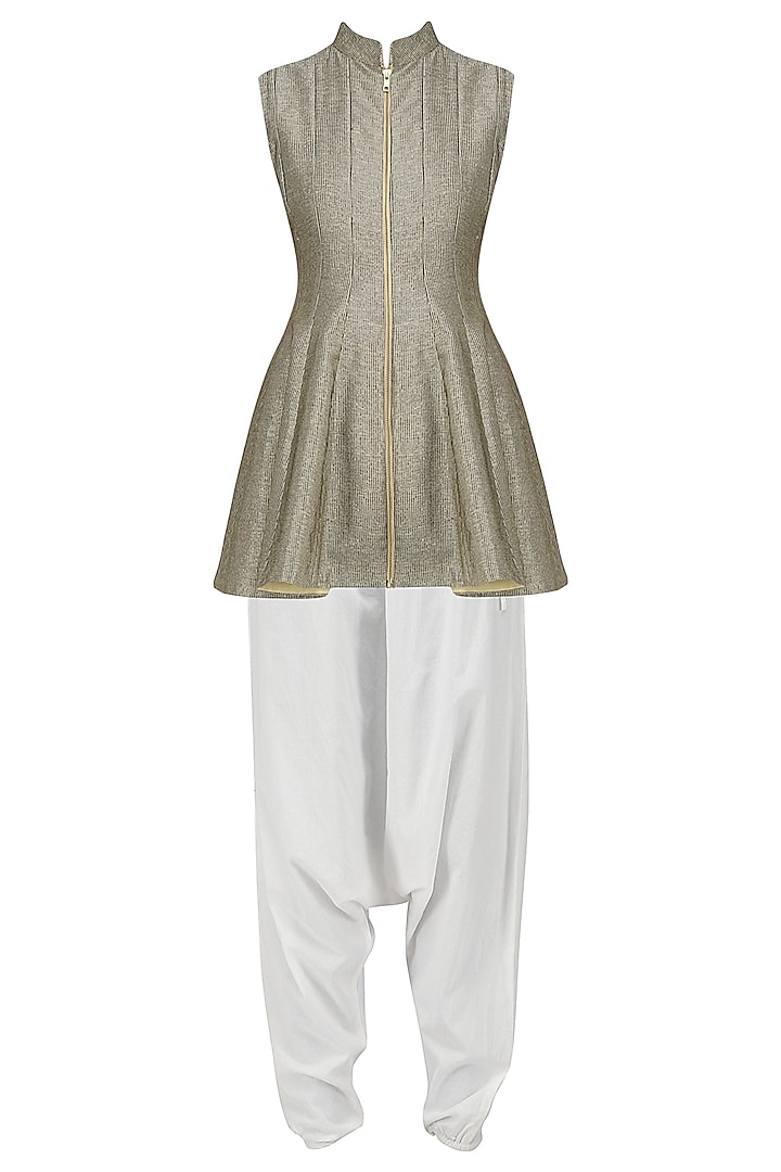 Grey Front Open Short Kurta with White Dhoti Pants Set by Siddartha Tytler