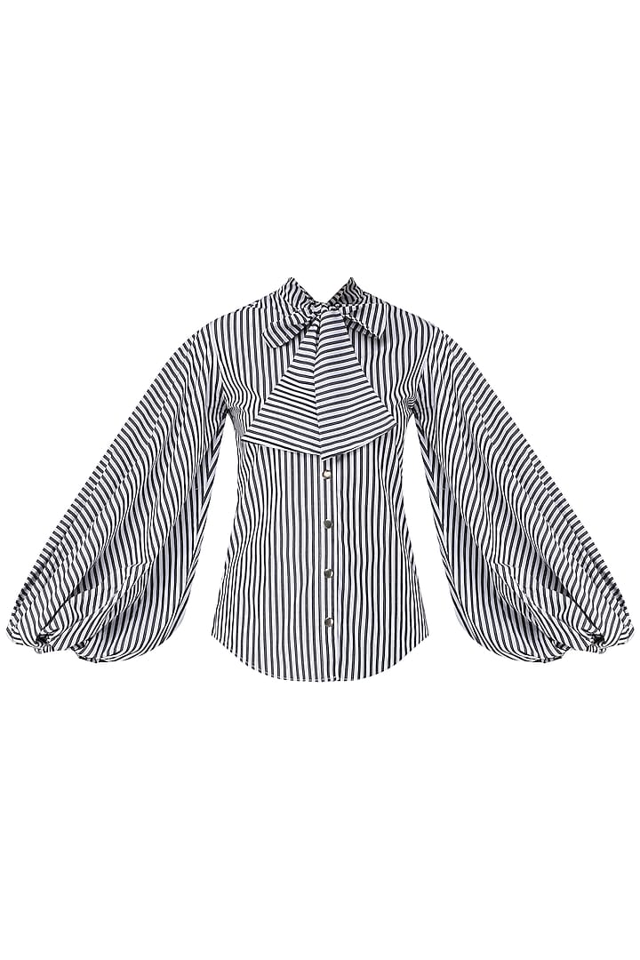 Black and White Striped Balloon Sleeves Shirt by Siddartha Tytler