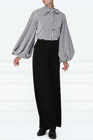Black and White Striped Balloon Sleeves Shirt by Siddartha Tytler