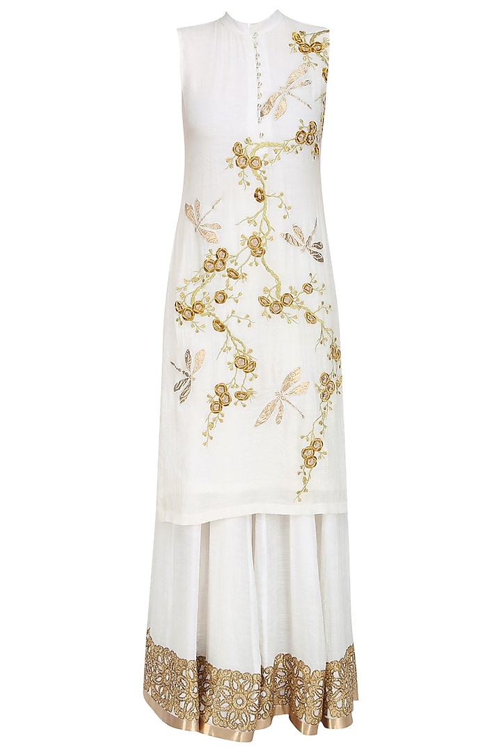 Ivory and Gold Cherry Blossoms Embroidered Kurta with Sharara Pants by Siddartha Tytler