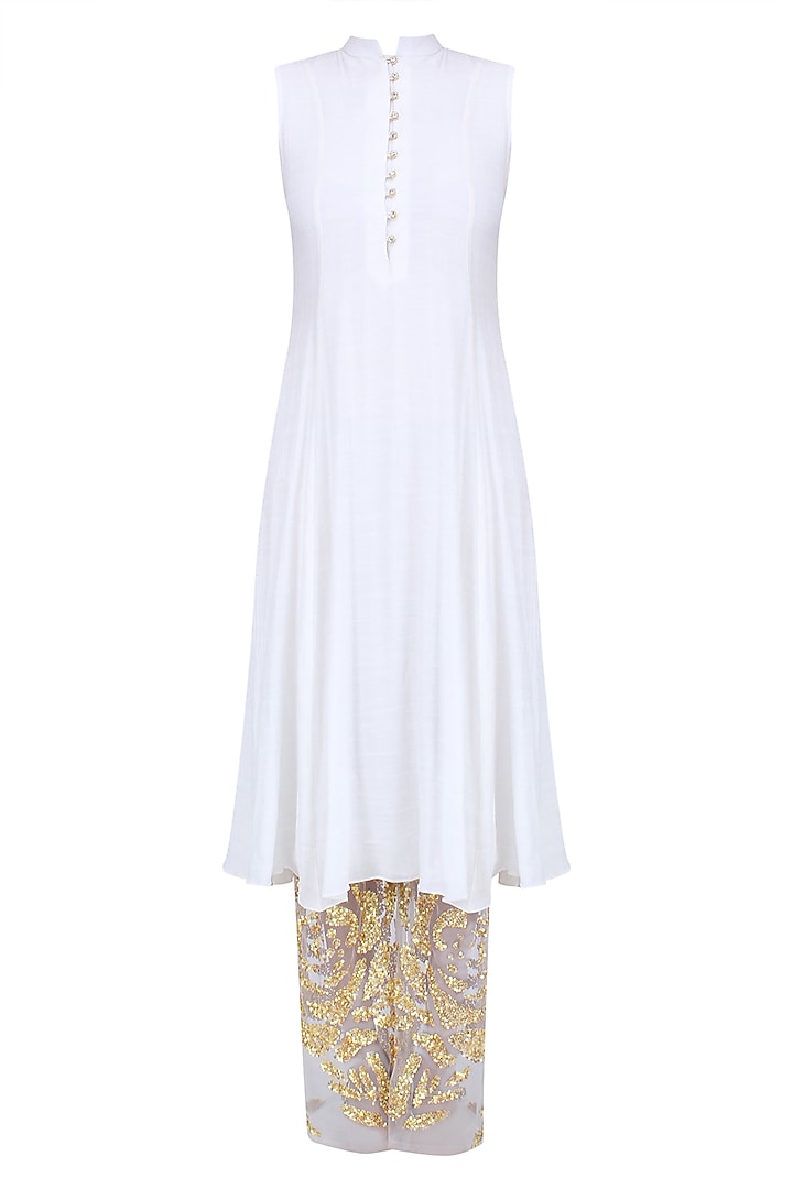 Ivory Straight Kurta with Sheer Embroidered Pants and Dupatta by Siddartha Tytler