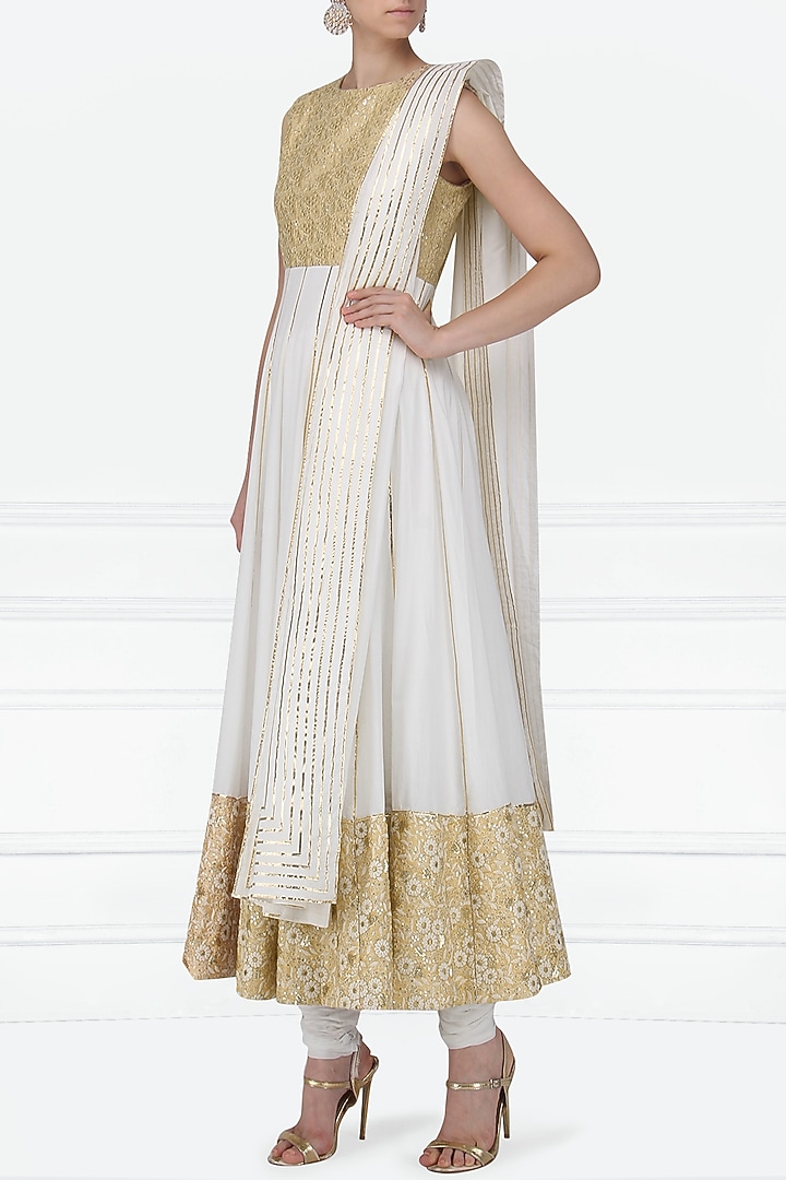 Ivory and beige gota patti embroidered anarkali set