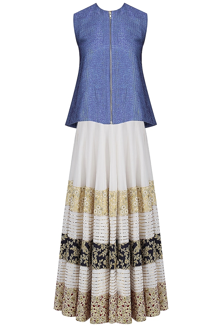 Blue Front Open Top with Ivory Embroidered Lehenga Skirt by Siddartha Tytler