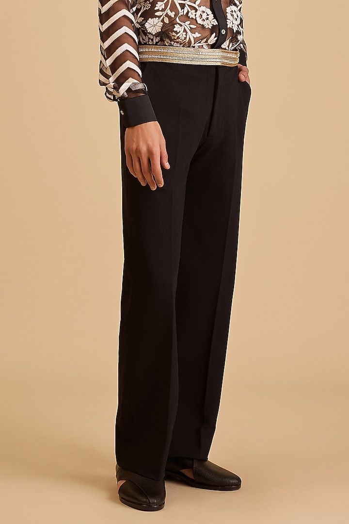 Black Microfiber & Japanese Fabric Double Knitted Formal Pants by Siddartha Tytler Men at Pernia's Pop Up Shop