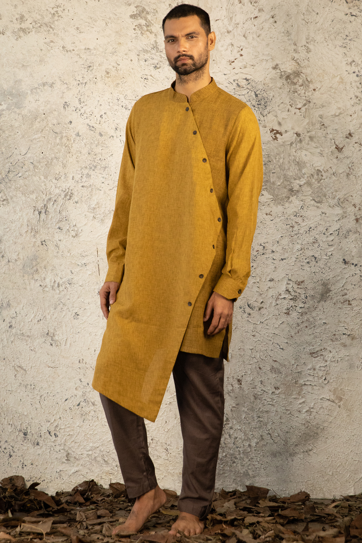 Mustard Linen Overlap Kurta Set by Surabhi Agarwal at Pernia's Pop Up Shop