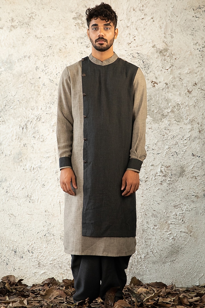 Black & Grey Linen Overlap Kurta Set by Surabhi Agarwal