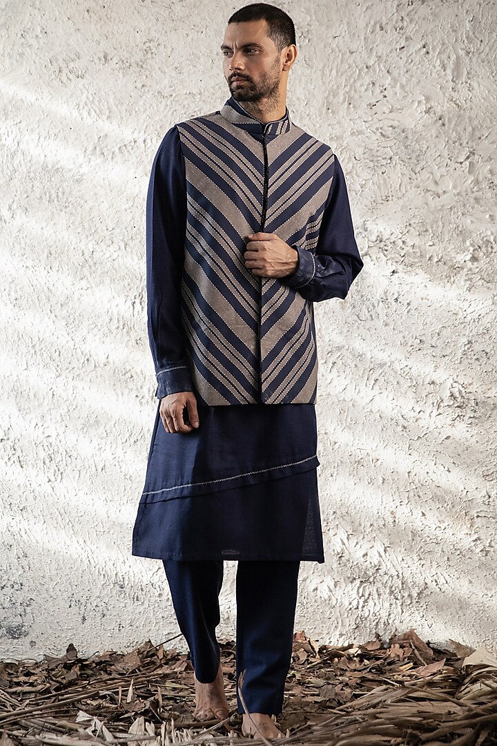 Blue & Grey Silk Nehru Jacket With Kurta Set by Surabhi Agarwal