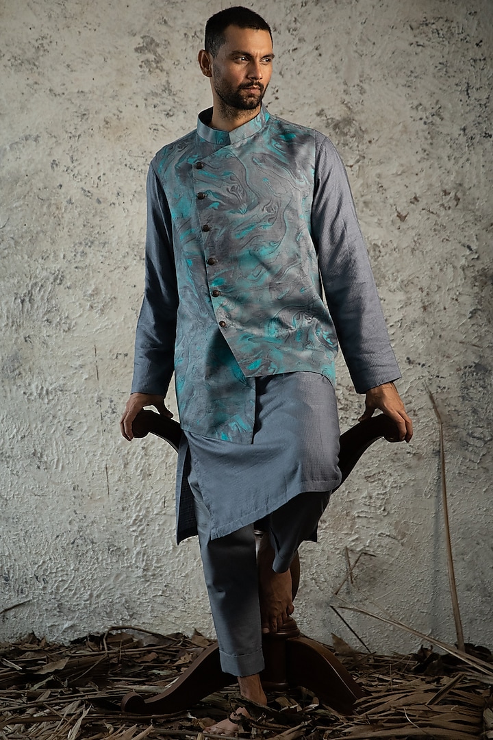Blue & Grey Printed Nehru Jacket With Kurta Set by Surabhi Agarwal
