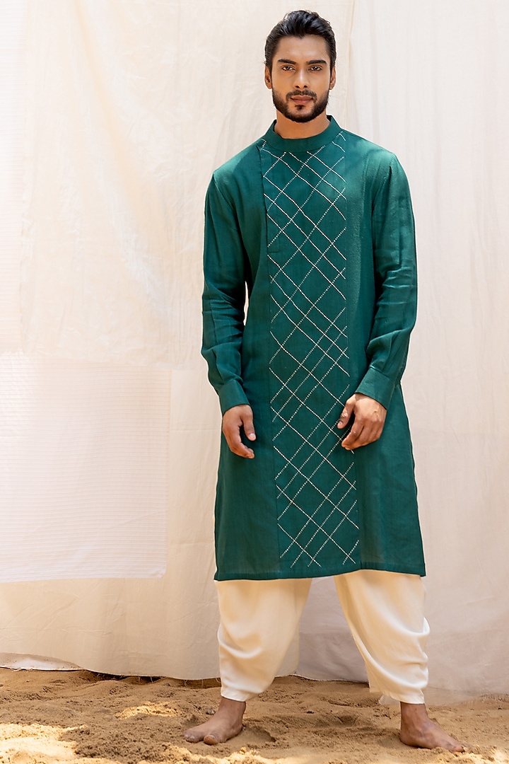 Green Linen Jute Kurta Set by Surabhi Agarwal