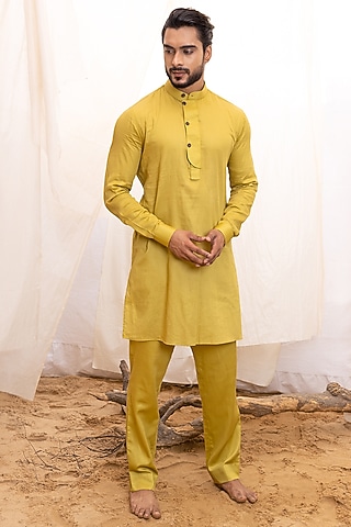 Lime Green Cotton Satin Kurta Set by Surabhi Agarwal