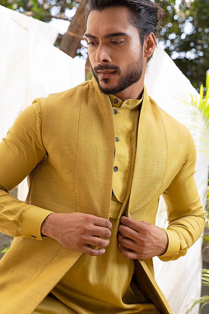 Lime Green Silk Blend Indowestern Jacket Set by Surabhi Agarwal at Pernia's Pop Up Shop