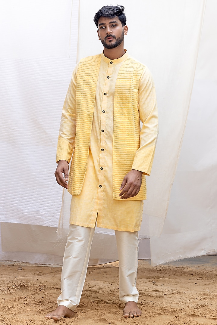 Yellow Self Textured Linen Cotton Blend Kurta Set by Surabhi Agarwal