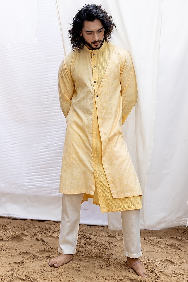 Yellow Self Textured Linen Cotton Blend Layered Kurta Set by Surabhi Agarwal