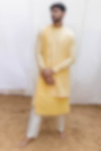 Yellow Self Textured Linen Cotton Blend Overlap Kurta Set by Surabhi Agarwal
