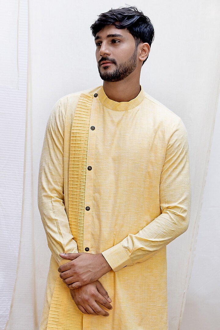 Yellow Self Textured Linen Cotton Blend Overlap Kurta Set by Surabhi Agarwal at Pernia's Pop Up Shop