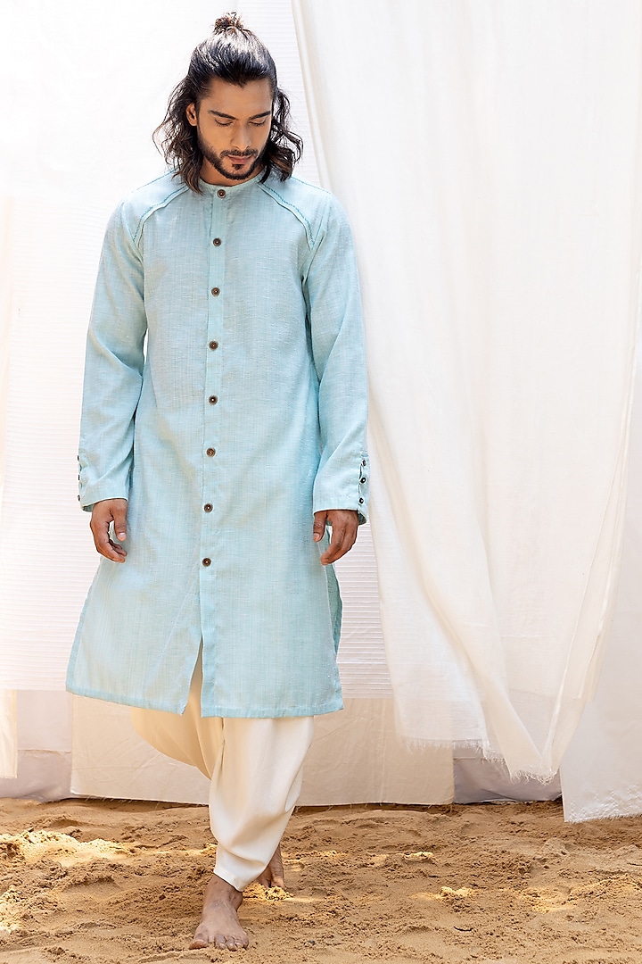 Blue Self Textured Linen Cotton Blend Kurta Set by Surabhi Agarwal