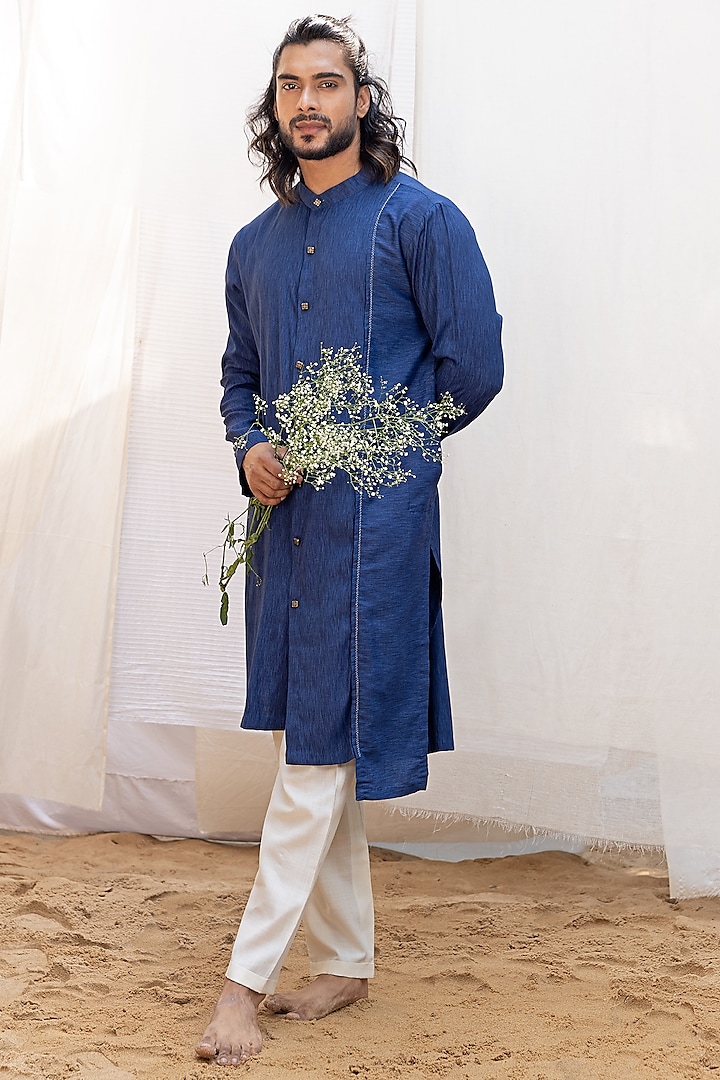 Blue Silk Rayon Kurta Set by Surabhi Agarwal