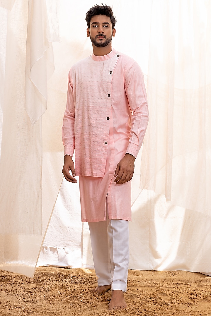 Pink Ombre Linen Blend Overlap Kurta Set by Surabhi Agarwal